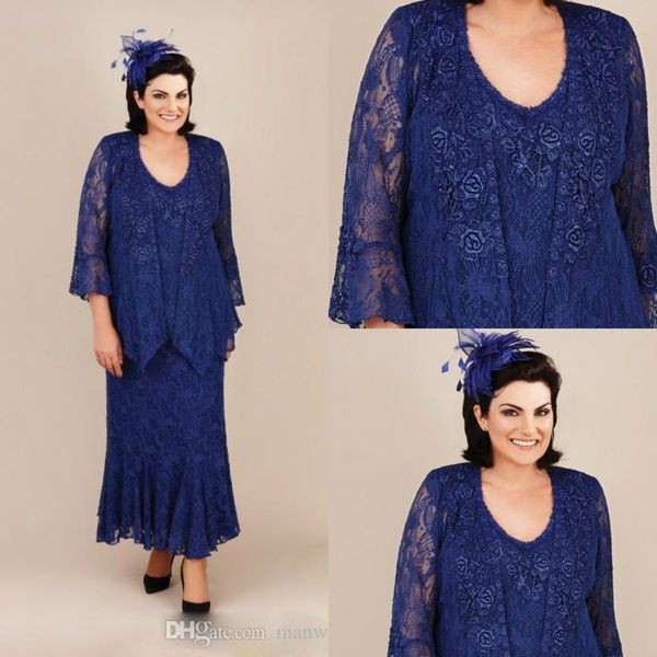 Tamaño azul más vestidos vintage para madre de la novia con chaqueta con cuello redondo Vestido para madres y novios Vestidos de noche de encaje completos baratos s