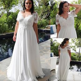 Taille en mousseline de soie et robes transparentes en V couche en dentelle appliquée robes nuptiales une ligne à manches courtes robe de mariée robe de mariee