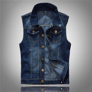 Taille M-5XL Denim gilet hommes veste sans manches décontracté gilet hommes Jean manteau déchiré Slim Fit mâle veste Cowboy 220114