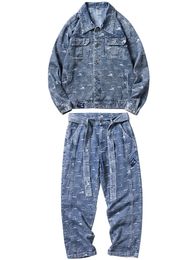 Taille M-5XL Survêtements pour hommes Streetwear Hip-Hop Ensembles de jeans pour hommes en vrac Nouvelle veste et pantalon en denim à manches longues imprimés surdimensionnés301n