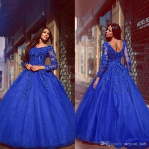 Maat off plus schouder prom jurken nieuwe royal blauw kanten applique met lange mouwen dubai arabische ocn avond slijtage jurken gewaad de marie