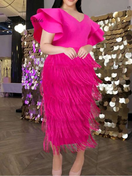 Tamaño más Vestido de borla 2024 para mujeres Fiesta de la fiesta con rufa de mariposa V Ropa marginal de la moda de la moda de moda elegante