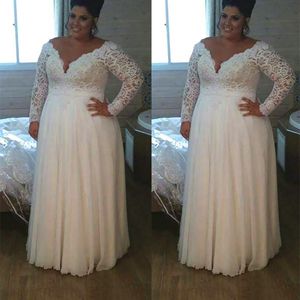 Taille Plus robes manches longues dentelle col en V en mousseline De soie longueur De plancher sur mesure pays robe De mariée robes De Novia estidos