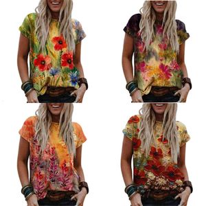 Taille Plus Floral Print Femmes T-shirts Summer Summer Sleve O-Leck Tshirt décontracté en vrac Tops Streetwear Femme S-5XL Tees 210522