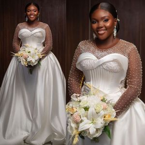 Taille Plus Robe De Sirène Mariée Avec Train Détachable Illusion De Mariée Manches Longues Perles Robes De Mariée En Satin Pour Femmes Noires Africaines Fille NW