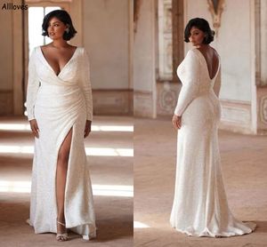 Maat Plus V-hals Zeemeermin Jurken Lange Mouwen Glanzende Lovertjes Ivoor Plooien Hoge Split Sexy Bruiloft Bruidsjurken vestidos Moderne Elegante Bruid Jurk CL2753