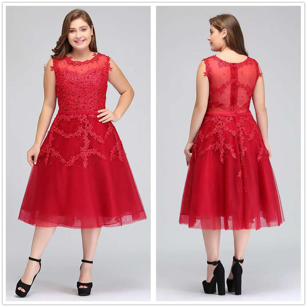 Size Real Image Red Plus Short Tail Tulle Lace Beaded Knee Length A Line Formal Party Evening Dresses Cps