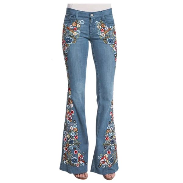 Taille S4xl Fleur élastique Broidered Flare Jeans Womens Retro Style Bell Bottom Skinny Automn Denim Pantals Femmes 240423