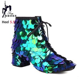 Taille Short 34-46 779 Femmes Lace-Up Low Club Party Dance Shoes Trend Lady Bloc Shiny High Heels Boots Pailled 231219 561