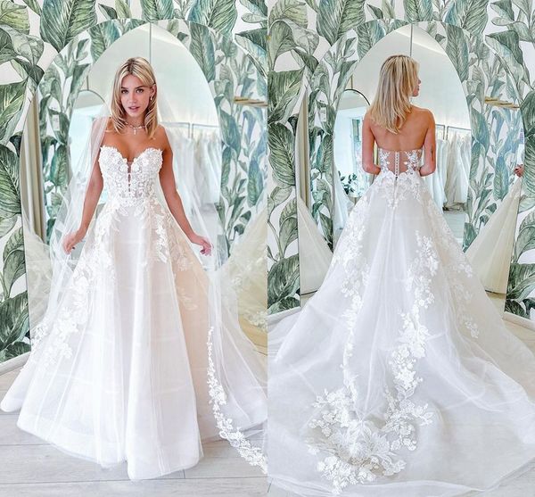 Taille Vinatge Plus Lace A Ligne Robes de mariée Applique chérie plis drapés Illusion Back Sweep Train Bridal Bridal Deuxième Robe de réception PLIQUE PLIQUE PLIQUE