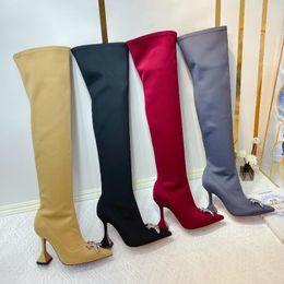 Bottes à bout pointu pour femmes, chaussures à talons Super hauts, nœud papillon, fermeture éclair en cristal sur le genou, Zapatos De Mujer 13, Size35-42