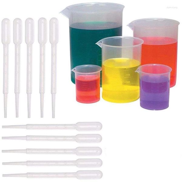 Juego de tazas medidoras de vasos de precipitados de plástico (50 100 250 300 500 ML) y paquete de 10 pipetas de transferencia graduadas transparentes de 3 ml