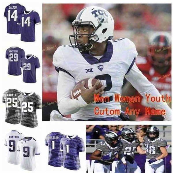 Sj NCAA College Jerseys TCU Horned Frogs 14 Andy Dalton 15 Max Duggan 16 Alex Delton 18 Jalen Reagor 13 Justin Rogers Football personnalisé cousu