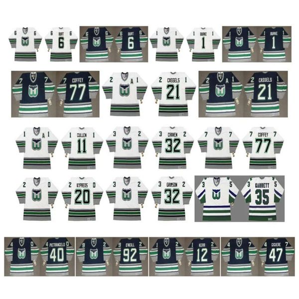 SJ Vintage Hartford Whalers Jerseys 20 Kypreos Grimson 35 Garrett 11 Cullen 32 Craven 77 Paul Coffey 21 Andrew Cassels CCM Custom Hockey