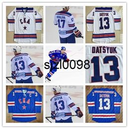 Sj98 13 Pavel Datsyuk KHL CKA St Petersburg 17 Ilya Kovalchuk KHL Blauw Wit Custom Hockey Jerseys Goedkoop