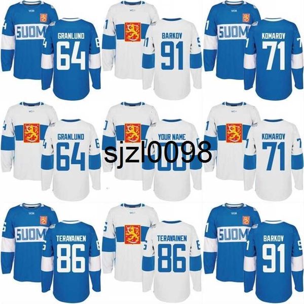 Sj98 2016 Coupe du monde de hockey Finlande Maillot de l'équipe 71 Leo Komarov 86 Teuvo Teravainen 91 Aleksander Barkov 64 Mikael Granlund Maillot de hockey personnalisé