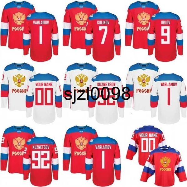 Sj98 Maillots de hockey masculin de l'équipe de la Coupe du monde de Russie 2016 9 Orlov 7 Kulikov 1 Varlamov 92 Kuznetson WCH Maillot 100% cousu N'importe quel nom et numéro
