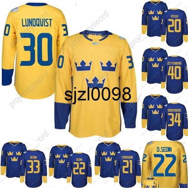 Sj98 2016 Equipo de la Copa Mundial Suecia Camisetas de hockey Lundqvist Markstrom Ekman larsson Sedin Eriksson Steen Backstrom Silfverberg Camisetas de hockey personalizadas