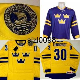 Sj98 Hommes # 30 Henrik Lundqvist Peint À La Main Suède Jersey Jaune Violet 100% Cousu Broderie s Hockey Maillots