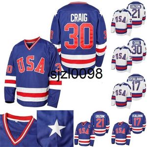 Sj98 Mens 1980 USA Miracle On Ice Hockey Jersey #17 Jack O'Callahan #21 Mike Eruzione #30 Jim Craig Hockey Jerseys S-XXXL Op voorraad Blauw Wit