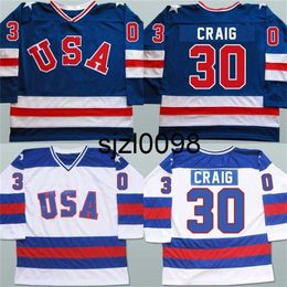 Sj98 Mens 30 Jim Craig Jersey 1980 Miracle On Ice Hockey Jerseys 100% Gestikt Borduurteam USA Hockey Jerseys Blauw Wit S-3XL