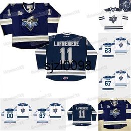 Sj98 Rimouski Oceanic hockeyshirts 11 Alexis Lafreniere 23 Frederik Gauthier 67 Michael Frolik 87 Sidney Crosby Custom CHL Wit Marineblauw