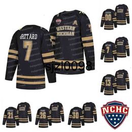 Sj98 West Michigan Broncos Jersey de hockey universitario negro 2022 NCHC 7 Ronnie Attard 13 Drew Worrad 21 Josh Passolt 26 Ethen Frank 30 Brandon Bussi