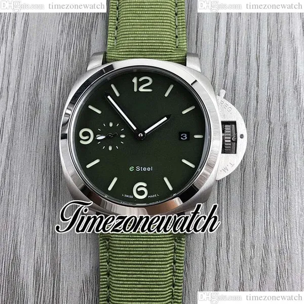 SJF New E Steel 01356 Reloj automático para hombre Luminous Black Dial Caja de acero Army Green Nylon Correa de cuero Diver Gents 44mm Relojes TWBE Timezonewatch E48