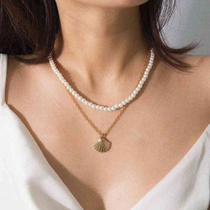 SJHE-24 luxe witte parel steen hanger ketting voor vrouwen gouden zomer shell scallop ketting multilayer jood accessoires