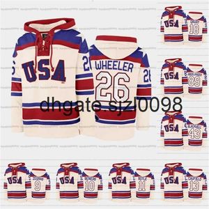 SjSj98 USA Hockey Team Lace-Up Relate Hoodie Jersey Personnalisé 9 Trevor Zegras 26 Blake Wheeler 18 Jack Drury 43 Colin Blackwell 11 Brian Boyle 12 Alex