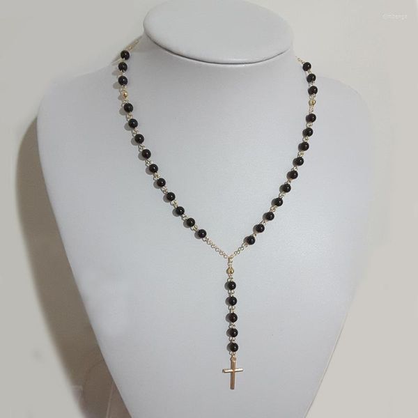 SJTO-55 Mode Croix Chrétienne Pendentif Collier Chapelet Croyance Perles Noires Chaîne Perlée Bijoux Accessoires Dames Cadeau Sautoirs