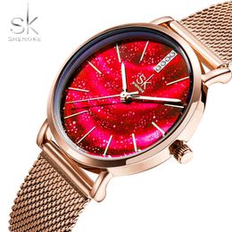 Sk Shengke merk K0103 Pretty Starry Sky Dign Women Watch Waterproof Stainls Steel Band Ladi Quartz Polshorwatch