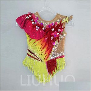 Vestidos de patinaje Liuhuo Personalizar colores Gimnasia rítmica Leotardos Niñas Mujeres Competencia Artística Rendimiento Desgaste Cristales Yello Otcoe