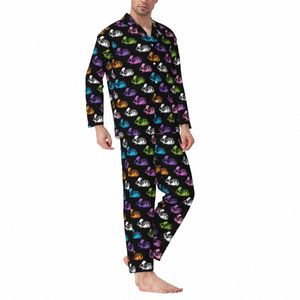 Squelette lapins pyjama ensembles imprimé coloré vêtements de nuit chauds Couple manches Lg sommeil décontracté 2 pièces costume à la maison grande taille E49K #