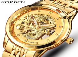 Skeleton Gold Mechanical Watch Men automático 3d tallado dragón acero mecánico reloj china top marca de lujo auto viento 2018 y2309821