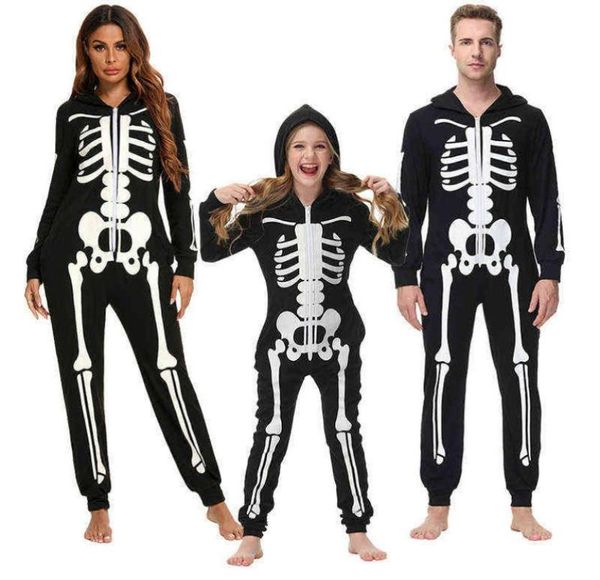 Esqueleto aterrador familia disfraz de Halloween adultos niños Horror mono con calavera con capucha fantasía mujeres hombres pijama familiar fiesta de carnaval AA229388101