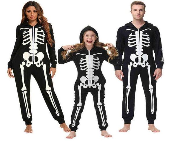 Esqueleto aterrador familia disfraz de Halloween adultos niños Horror mono con calavera con capucha fantasía mujeres hombres pijama familiar fiesta de carnaval AA228511443