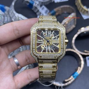 skelet doorzichtige wijzerplaat horloge Goud roestvrij stalen kast horloges quartz uurwerk Men's New Ice diamanten horloge