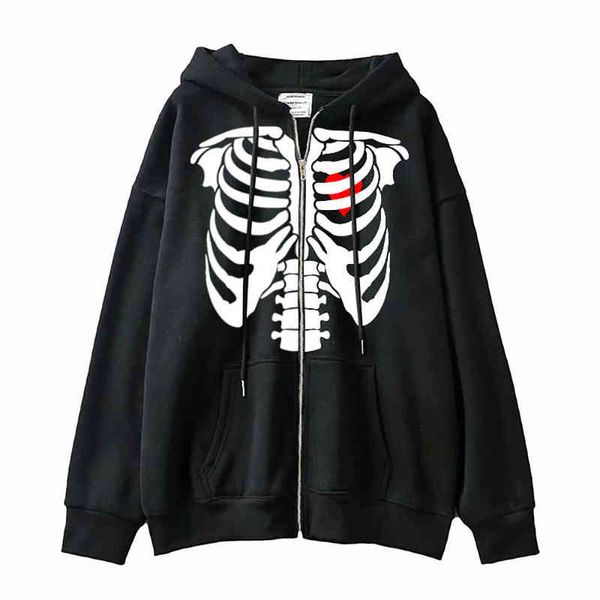 Skeleton Zipper Hoodie Hombres Mujeres Y2K Harajuku Sudadera de manga larga Vintage Chaquetas con capucha de gran tamaño Streetwear Gothic Pullover Y220803