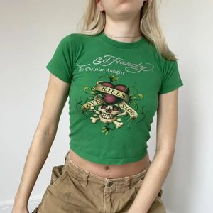 Squelettes imprimé graphique streetwear gothear vert crop top décontracté t-shirt grunge y2k vêtements punk slim emo fille bébé tee 240527