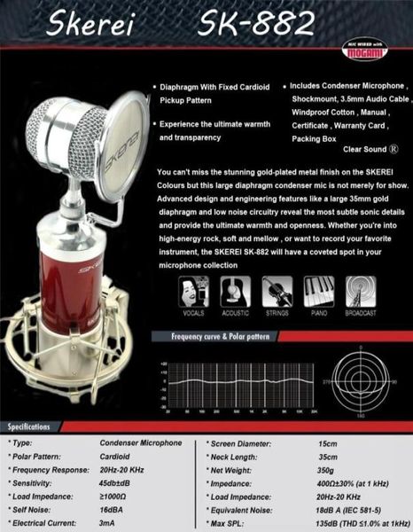 Skerei SK882 Microphone à condensateur filaire professionnel pour DJ et enregistrement en studio Microphone d'enregistrement en studio professionnelMicrophone d'ordinateur1537178