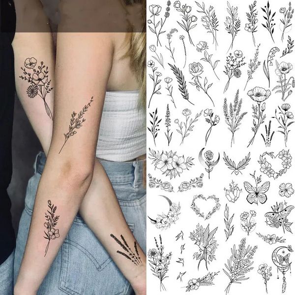 Sketch Flower Tattoo Sticker Rose Blossom Black and White temporaire 240423
