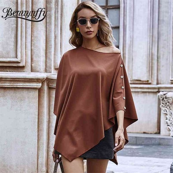 Bouton d'épaule de collier de colle Poncho Femmes Femmes Mode Solide Cape-vantail Streetwear Streetwear Casual 210510