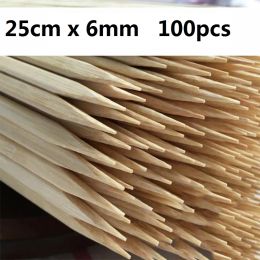Skewers 100 300 pièces brochettes de bambou jetables bois naturel plat BBQ brochettes bâtons fête BBQ accessoires ustensiles de Restaurant 25 cm * 6 mm