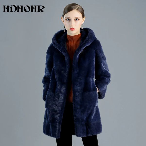 Brochettes Hdhohr 2023 haute qualité 100% manteau de fourrure de vison véritable femmes manteaux de vison d'importation naturelle avec capuche chaud épais vestes de fourrure de vison hiver