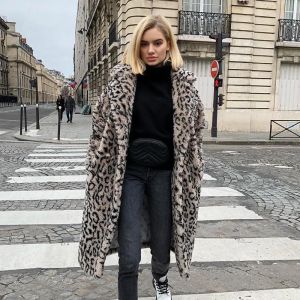 Brochettes surdimensionnées léopard longue veste ours en peluche manteau femmes 2022 hiver dames pardessus gros vêtements d'extérieur grande taille vestes en fausse fourrure d'agneau