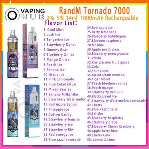 RandM Tornado 7000 Puff jetable Vape Pen Mesh Coil rechargeable 1000mAh Batterie Vapers 2% 5% 14 ml Pod prérempli 50 saveurs bouffées 7000 E Cigarette