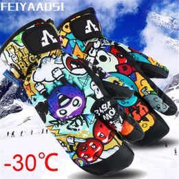 Guantes de esquí 3 dedos profesionales snowboard guantes de esquí impermeables -30 mitones térmicos de invierno a prueba de viento esquí moto de nieve pantalla táctil cuerda 231122