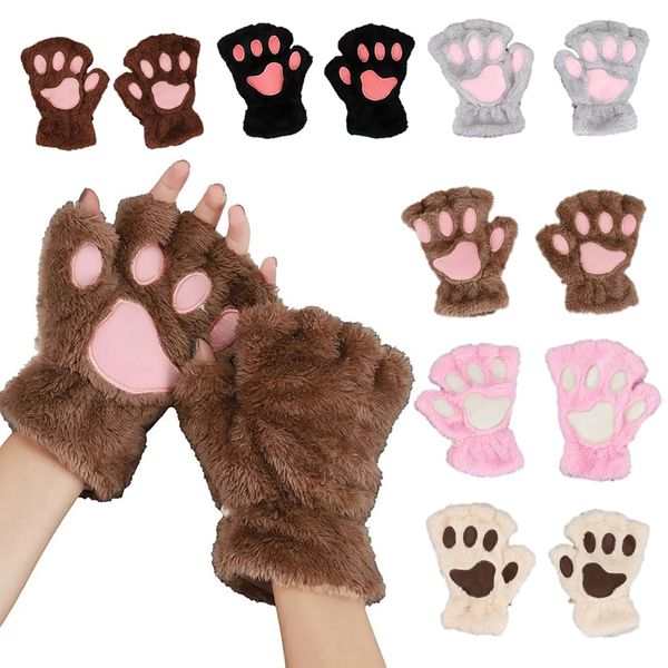 Gants de Ski patte de chat, en peluche, mignons, sans doigts, doux, chauds, demi-doigts, thermiques, pour l'hiver, 231007