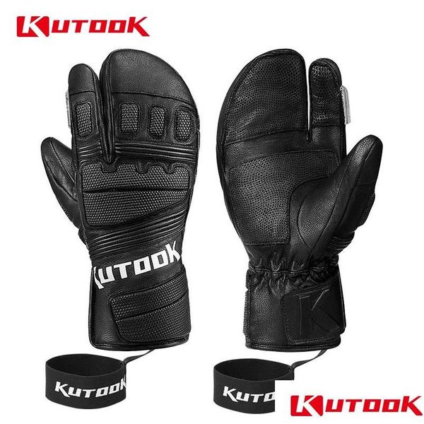 Guantes de esquí Kutook Piel de cabra Invierno Térmico Esquí Nieve Cuero Moto de nieve Manopla Snowboard Impermeable Antidesgaste 231024 Entrega de gotas DHWCJ